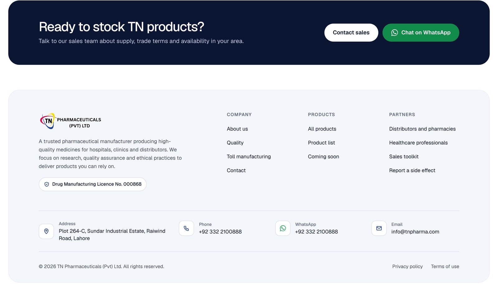 New footer with the manufacturing licence number and full contact details