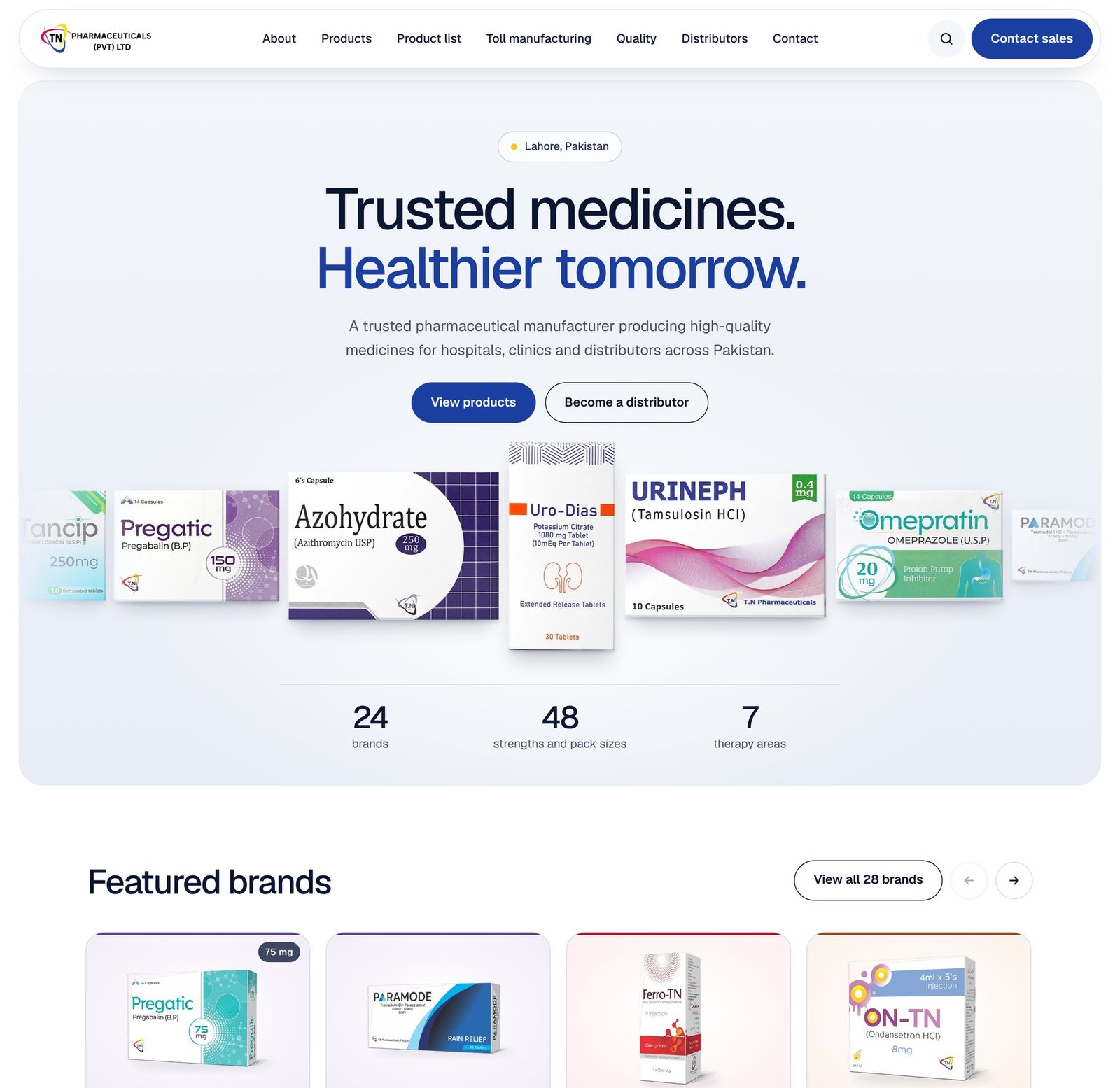 New homepage hero with TN Pharma's medicine packs and key numbers