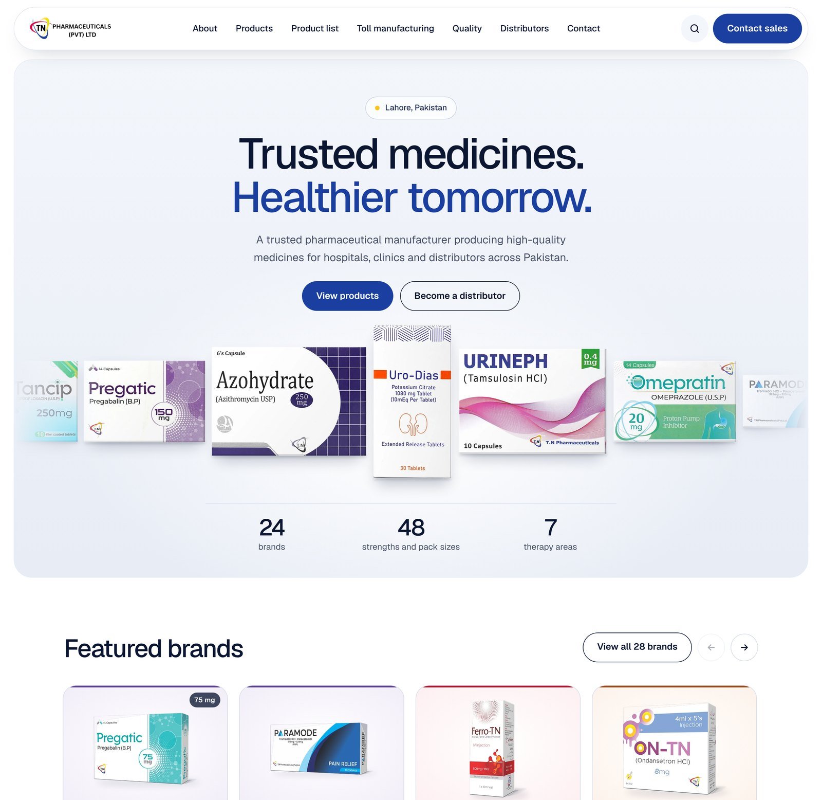 The new TN Pharma homepage with a clear headline, two buttons and a row of the company's own medicine packs