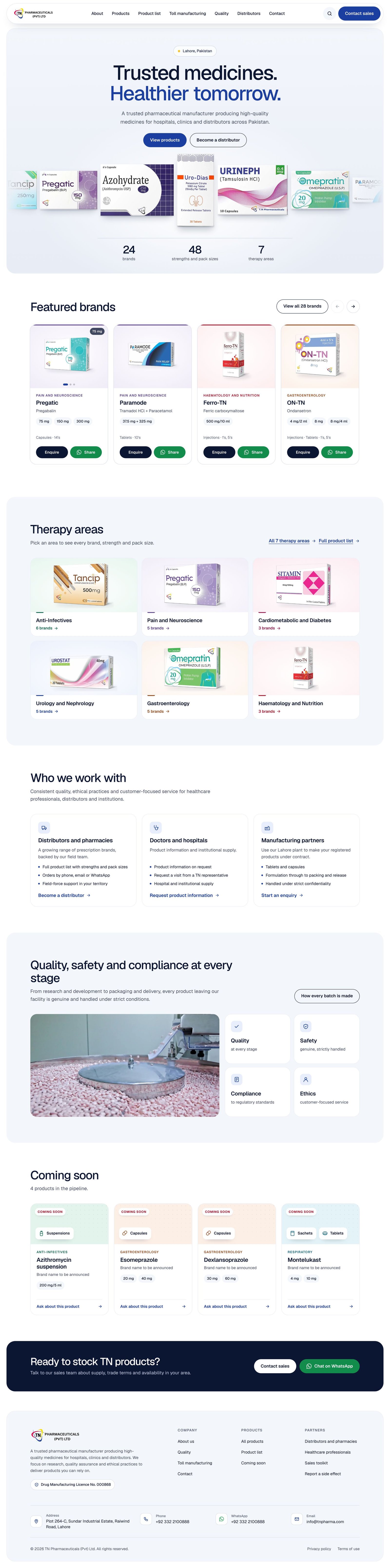 The complete new TN Pharma homepage from top to bottom