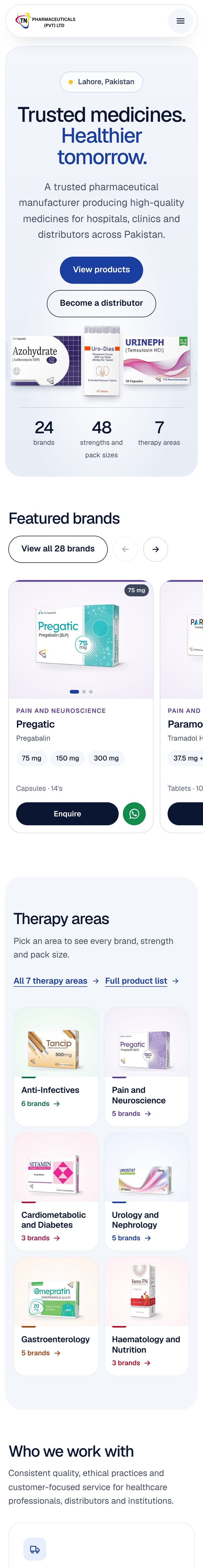 The new TN Pharma homepage on a phone