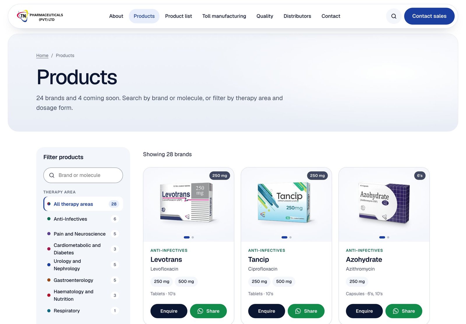 New products page with search and filters